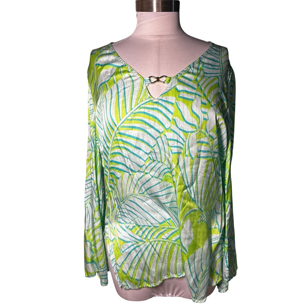 Boston Proper Tropical Palm Leaf Metallic Stripe V-Neck Blouse Green Blue M - Picture 8 of 8